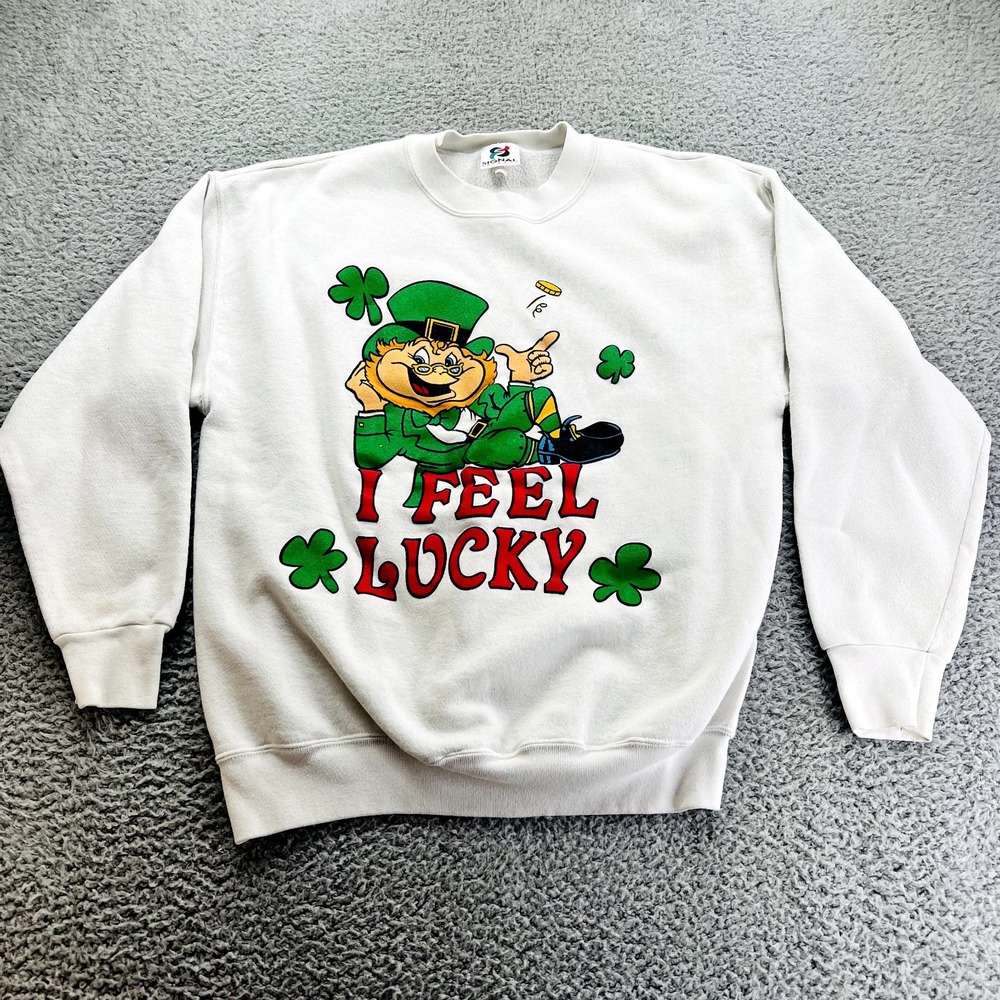 Vtg St Patricks Day "I FEEL LUCKY" Sweatshirt‎ L Made in USA Funny Leprechaun